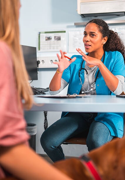 Veterinário com estetoscópio conversando com um cliente em um consultório