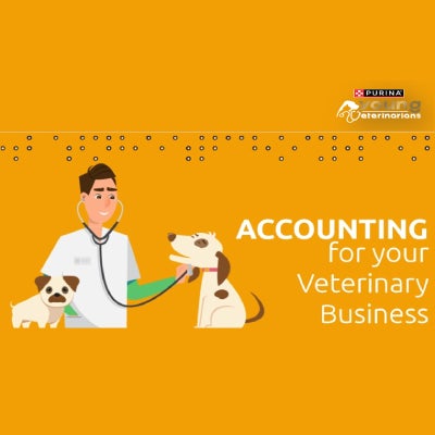 Ilustração de veterinário examinando um cachorro com o texto sobre contabilidade para clínicas veterinárias