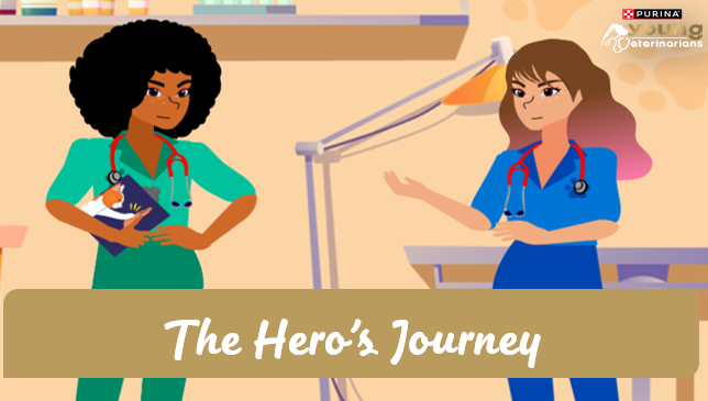 Ilustração de veterinários com o texto “The Hero’s Journey”