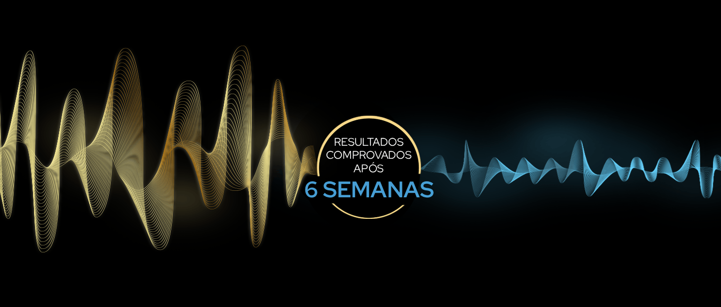 Ondas abstratas douradas e azuis com texto Resultados comprovados apos 6 semanas