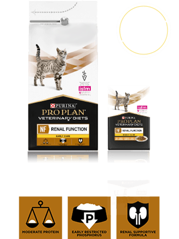 Embalagem de Purina® Pro Plan® Veterinary Diets NF Renal Function Early Care, incluindo alimento seco e húmido para os estádios 1 e 2 da IRIS.