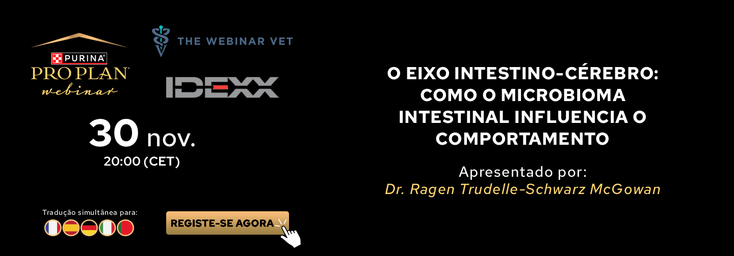 Banner de webinar sobre o eixo intestino-cérebro e a influência do microbioma intestinal no comportamento.