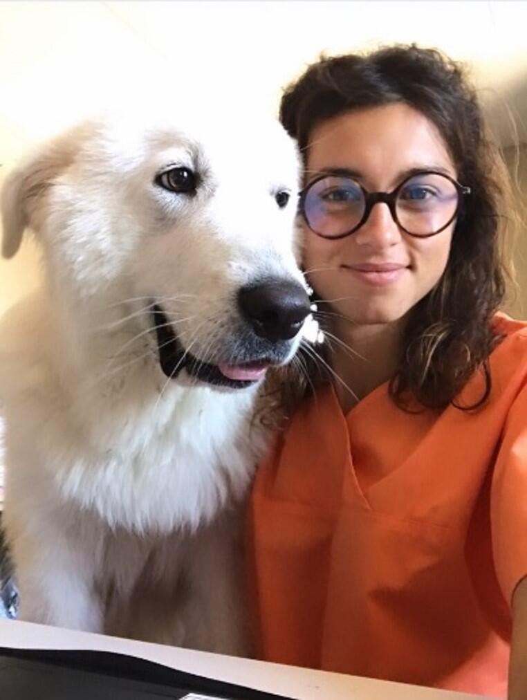 Pessoa posa com um cão branco em ambiente clínico