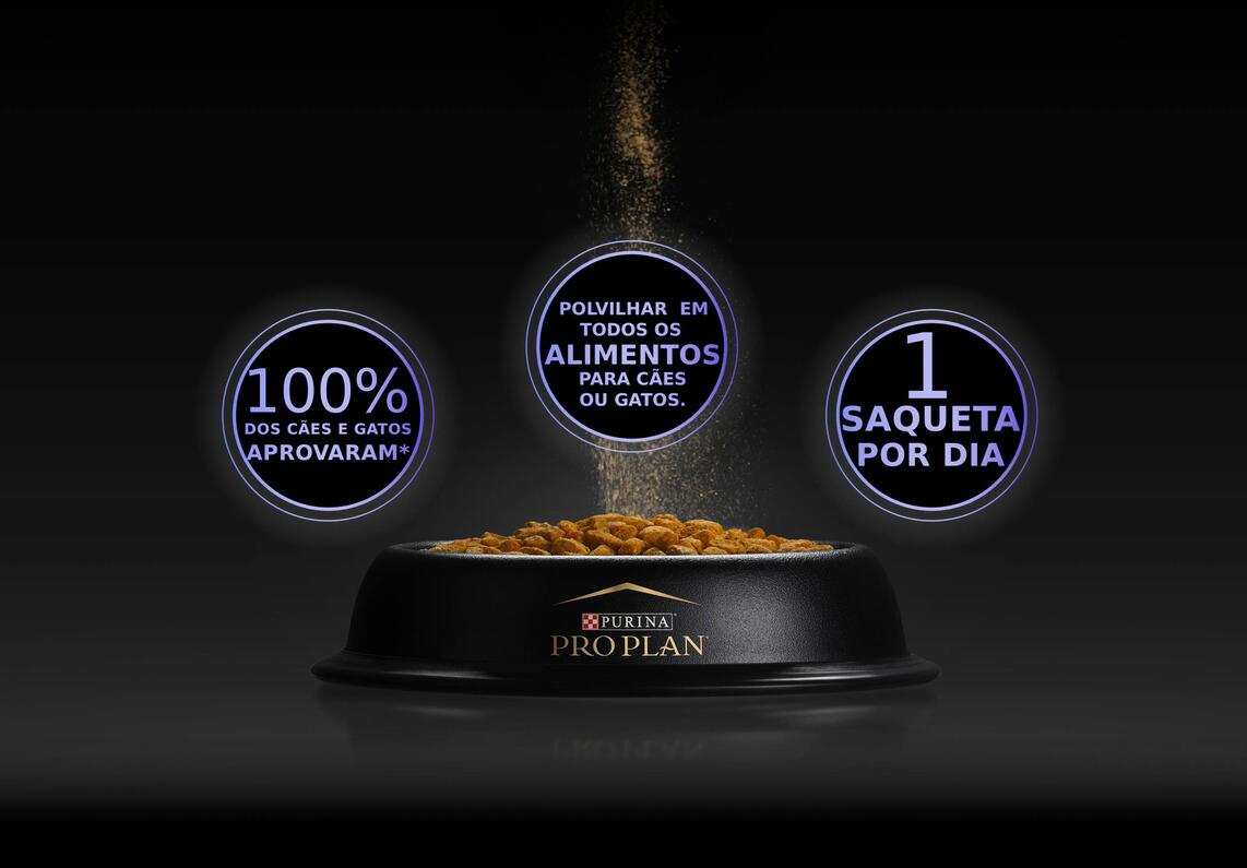 Tigela de ração Purina Pro Plan com suplemento em pó a ser polvilhado, destacando a dose diária e a aprovação de cães e gatos