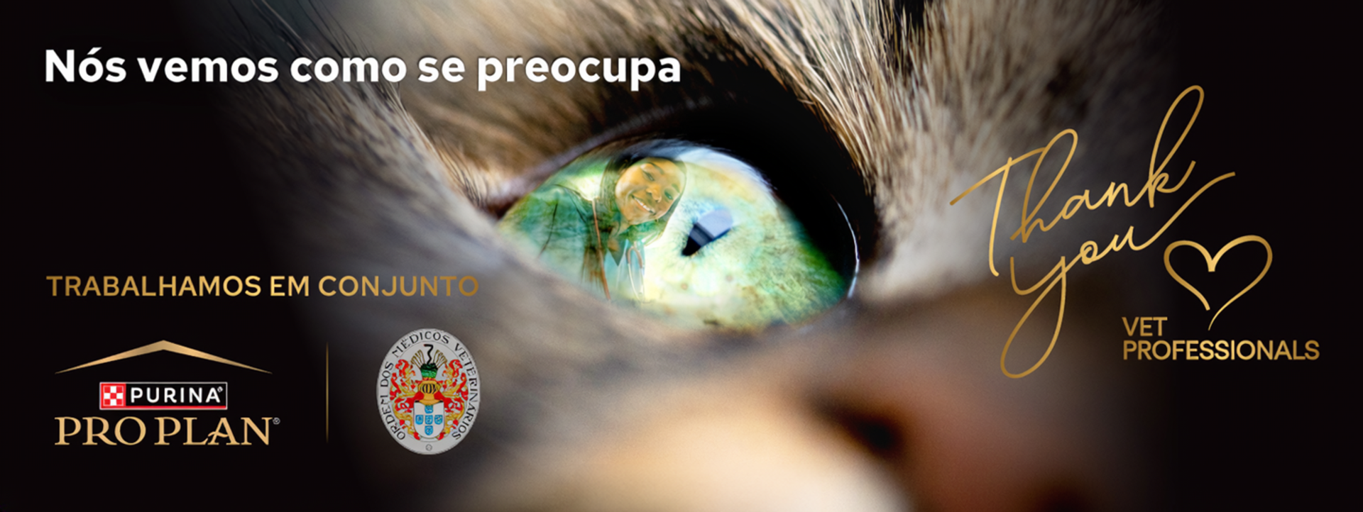 Olho de gato em grande plano com o reflexo de um médico veterinário e mensagem de agradecimento aos médicos veterinários.