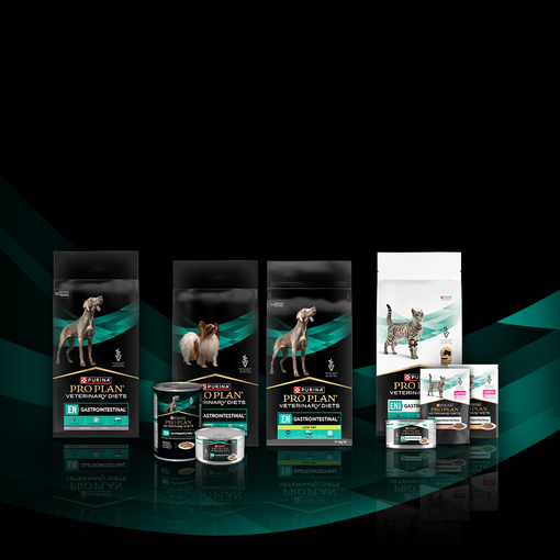 Banner com produtos Purina Pro Plan Gastrointestinal para caes e gatos em fundo preto