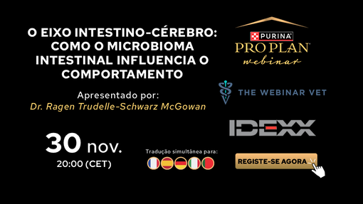 Banner de webinar sobre o eixo intestino-cérebro e a influência do microbioma intestinal no comportamento.