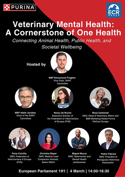 Cartaz de evento sobre saúde mental veterinária e o conceito One Health, com painel de especialistas.